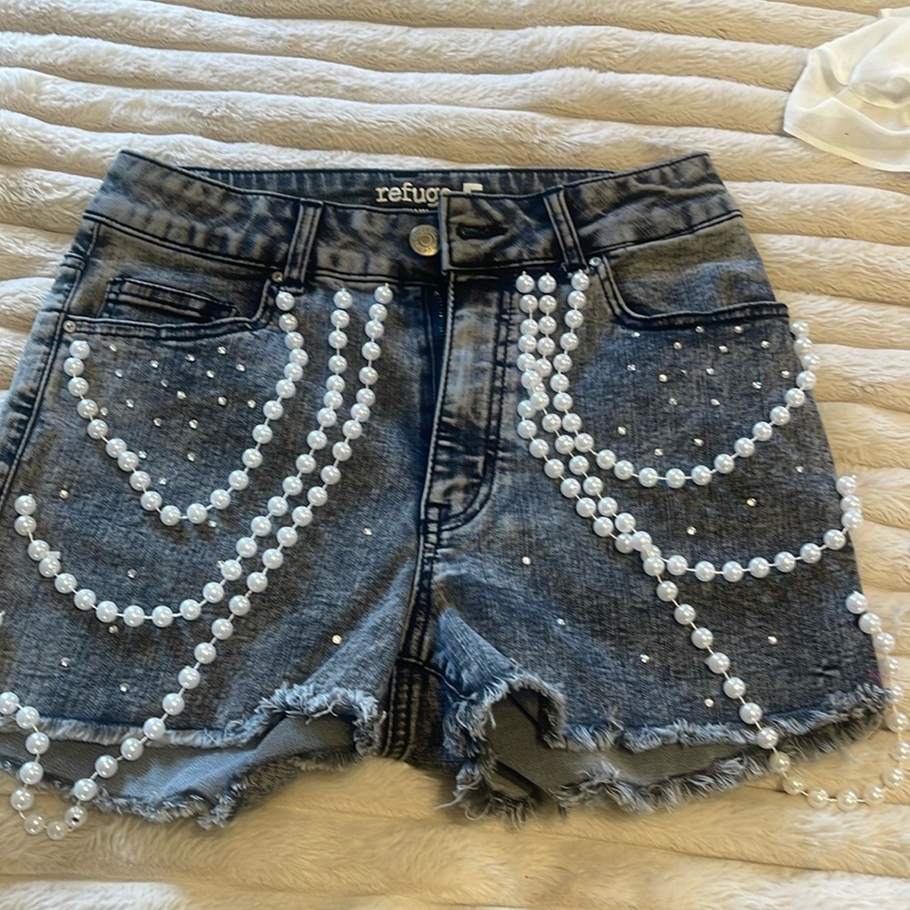 Denim Shorts with Pearl and Diamond Embellishments